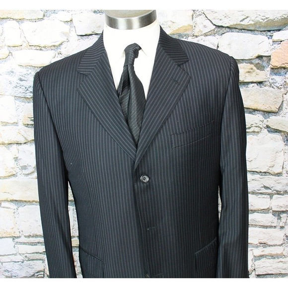 CANALI Italy Men's Navy Blue Pin Stripe Three Button All Wool Side Vents 40 Reg